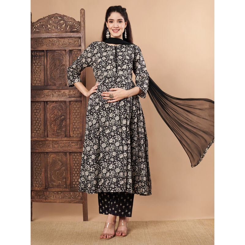 Secret Wish Black Floral Cotton Maternity Kurta Pant and Dupatta (Set of 3) (L)