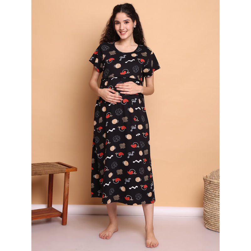 Secret Wish Black Abstract Hosiery Maternity Nighty (M)