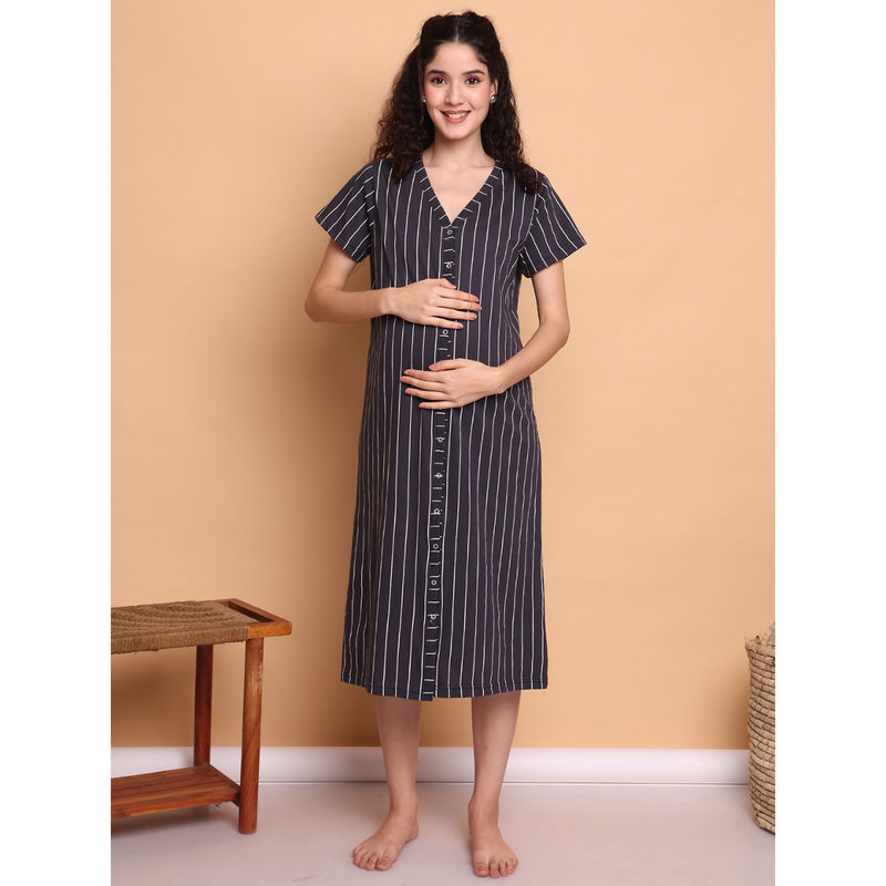 Secret Wish Black Striped Hosiery Zipless Maternity Nighty (L)