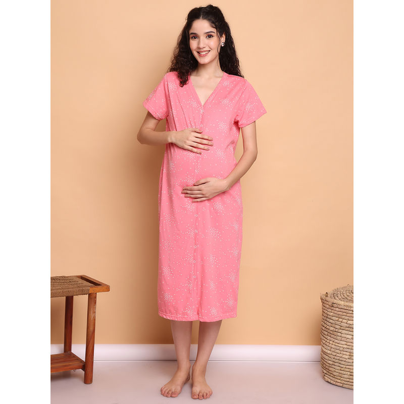 Secret Wish Pink Printed Hosiery Zipless Maternity Nighty (M)