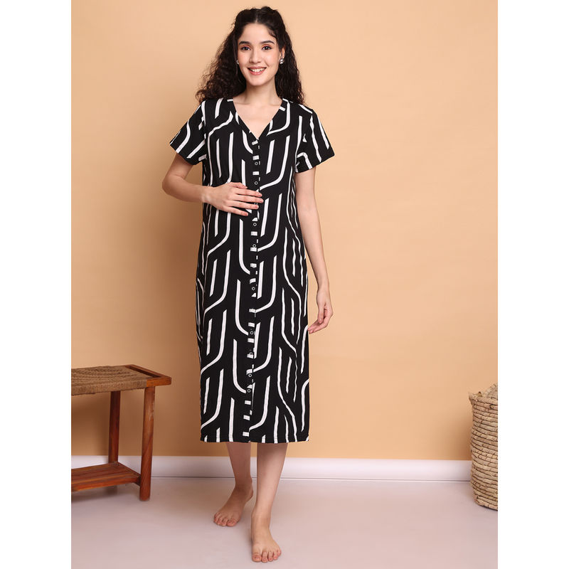 Secret Wish Black Abstract Hosiery Zipless Maternity Nighty (M)