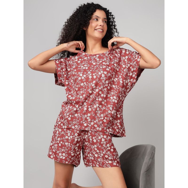 Clovia Crepe Floral Printed Top And Shorts Brown (Set of 2) (L)