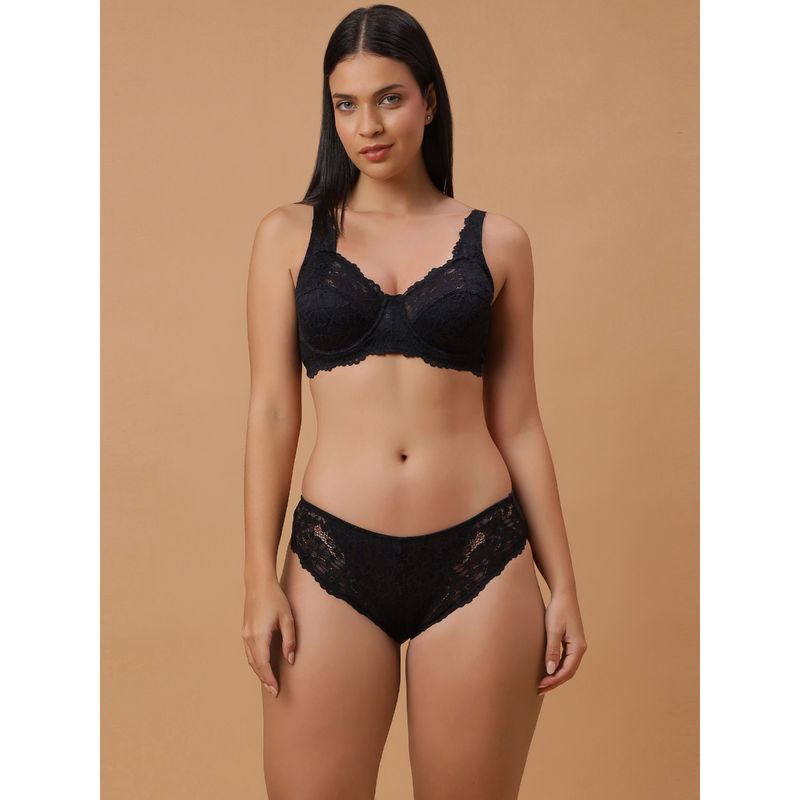 SOIE Women Black Non-Padded Underwire Lacy Bra with Mid Rise Brief (Set of 2) (38C)