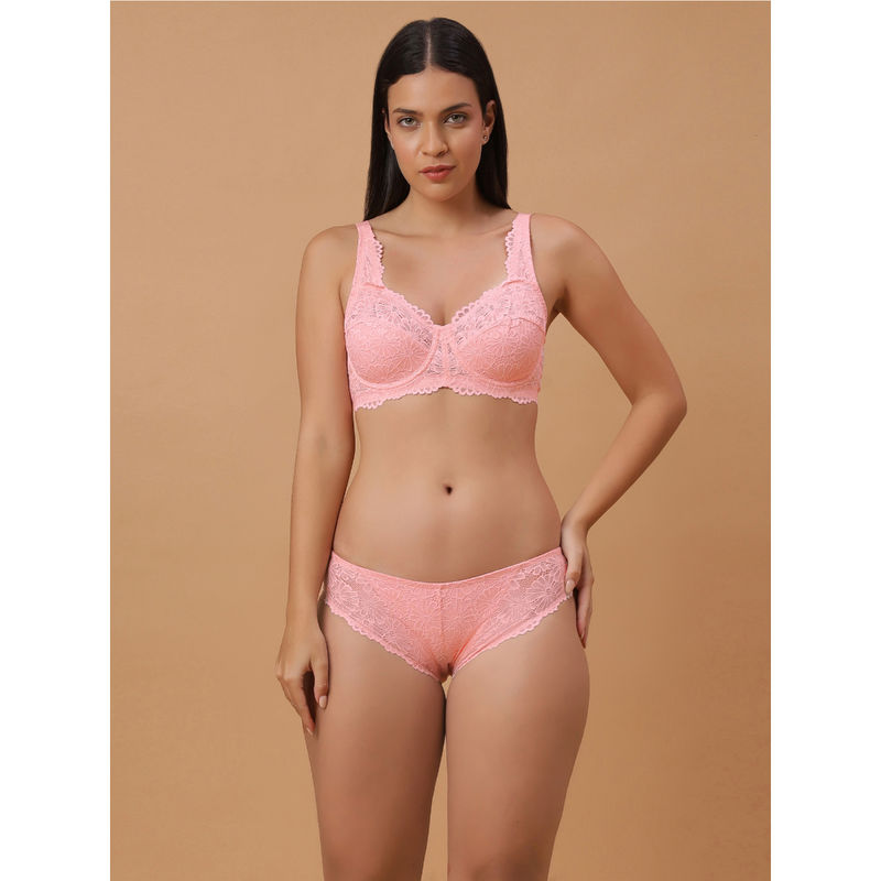 SOIE Women Pink Non-Padded Underwire Lacy Bra with Mid Rise Brief (Set of 2) (32B)