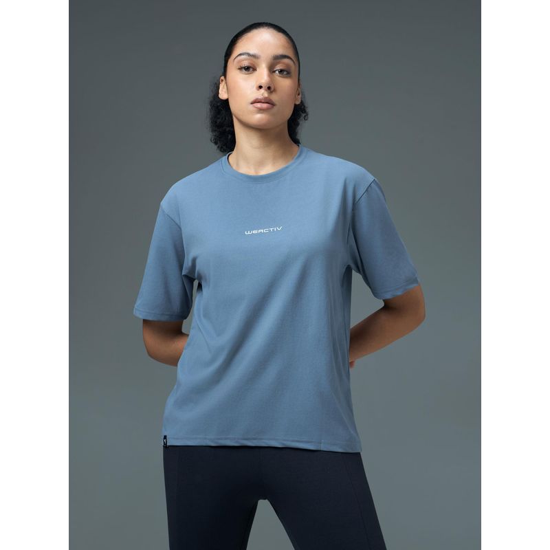 Technosport Women Blue Solid Boxy Fit Round Neck Sports T-Shirt with Cotflex (S)