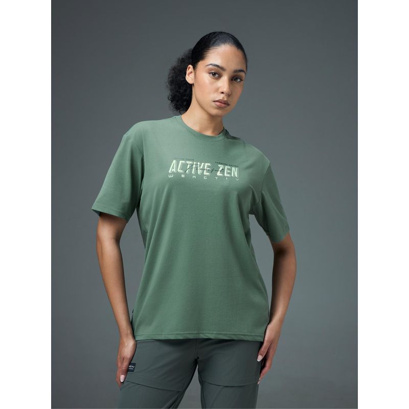 Technosport Women Green Typography Round Neck T-Shirt (M)