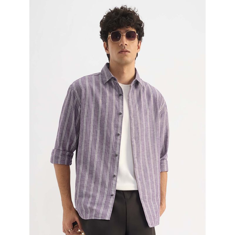The Souled Store Cotton Linen Stripes: Berry Plum Men's Cotton Linen Shirt (M)