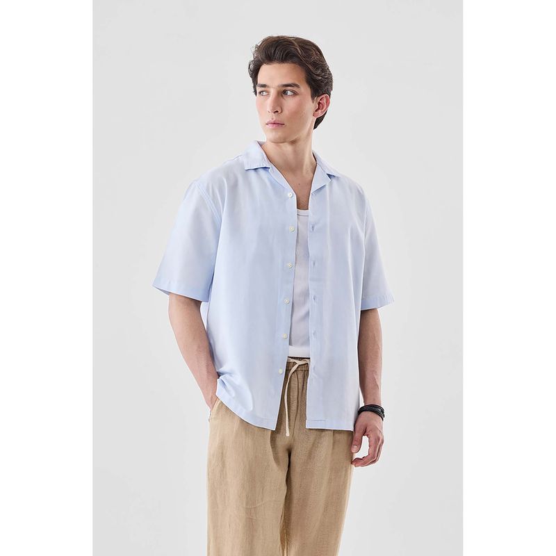 Snitch Light Blue Solid Half Sleeves Boxy Casual Shirt (L)