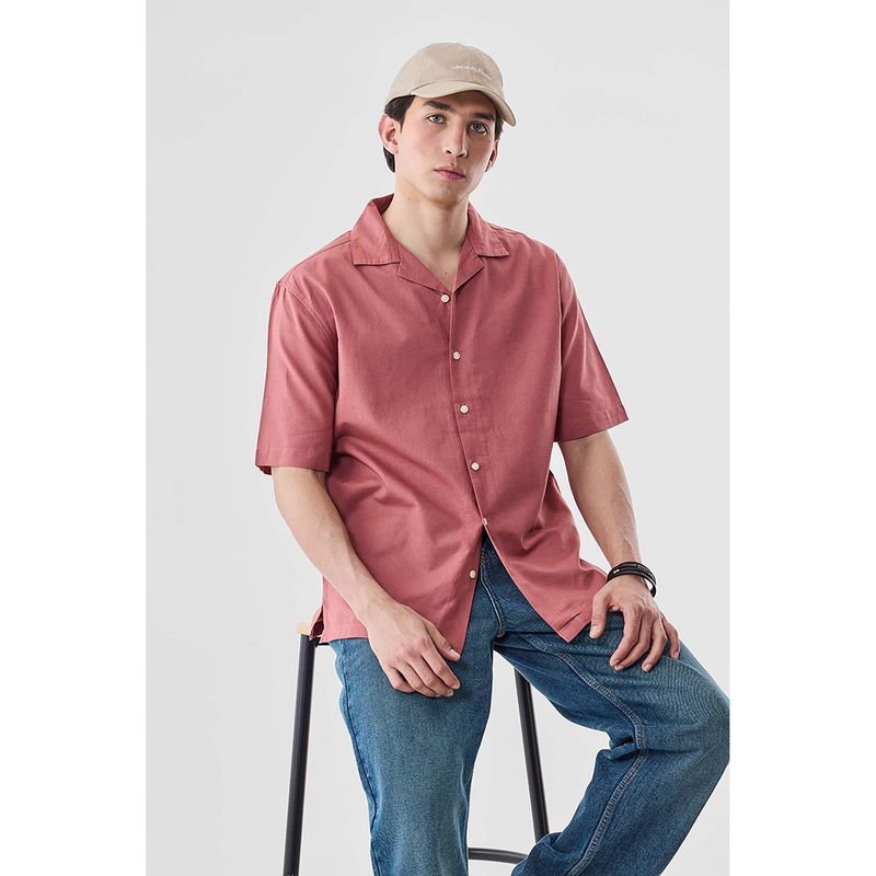 Snitch Coral Solid Half Sleeves Boxy Casual Shirt (L)