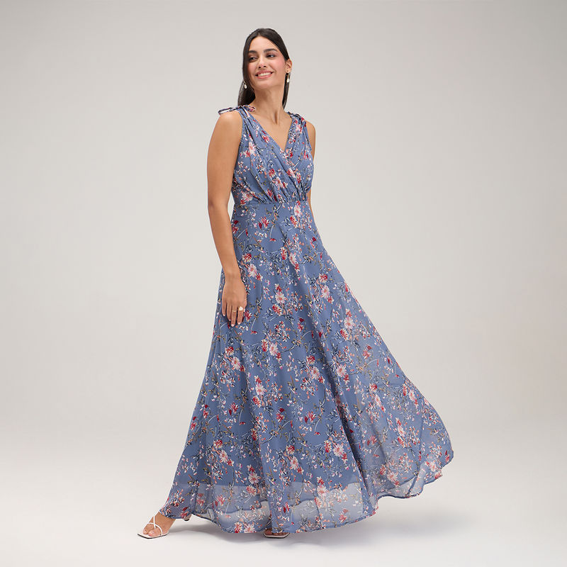 Twenty Dresses by Nykaa Fashion Grey V-Neck Floral Sleeveless Maxi Dress (M)