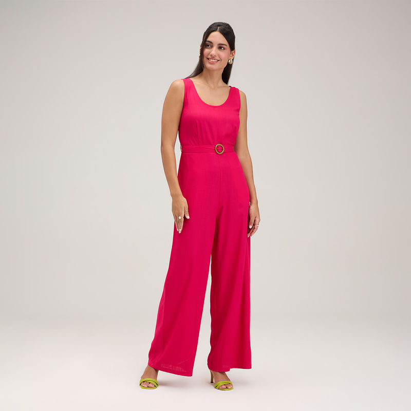 Twenty Dresses by Nykaa Fashion Pink Solid Round Neck Sleeveless Jumpsuit (Set of 2) (L)