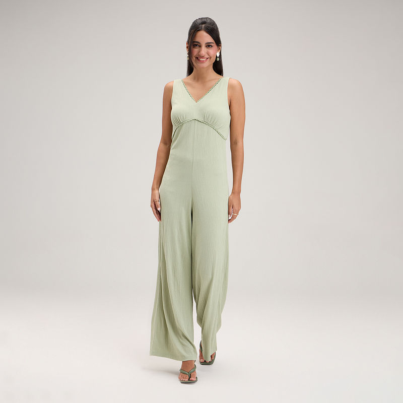 Twenty Dresses by Nykaa Fashion Mint Green Solid V-Neck Sleeveless Wide Leg Jumpsuit (XS)