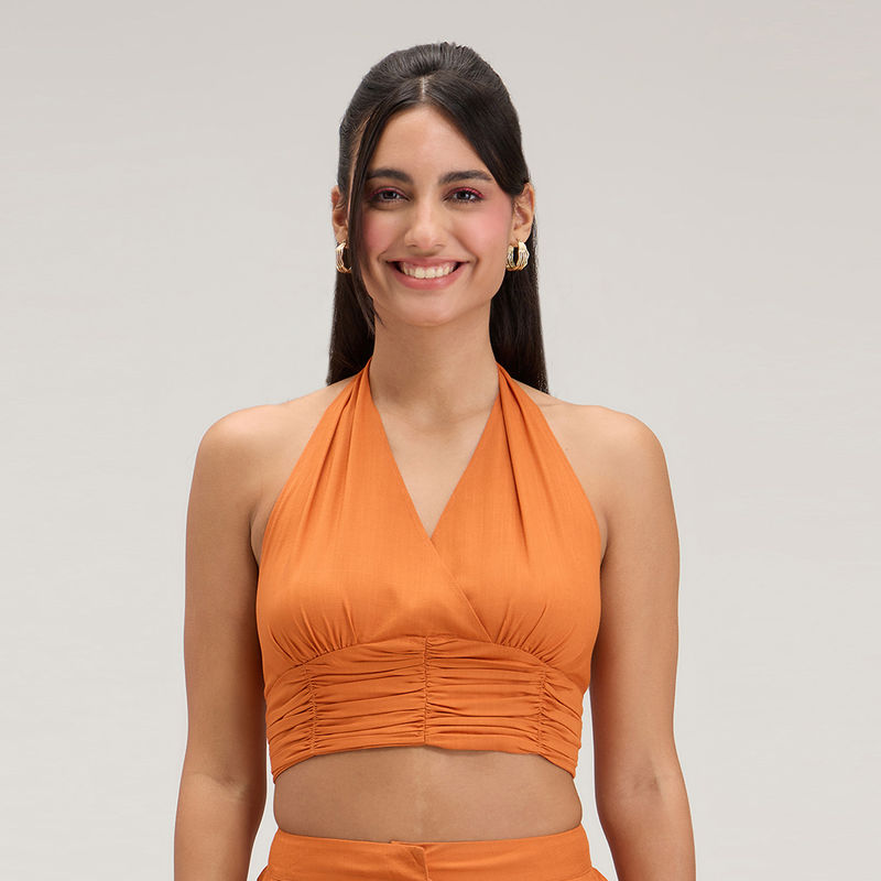 Twenty Dresses by Nykaa Fashion Orange Halter Neck Fitted Crop Top (S)