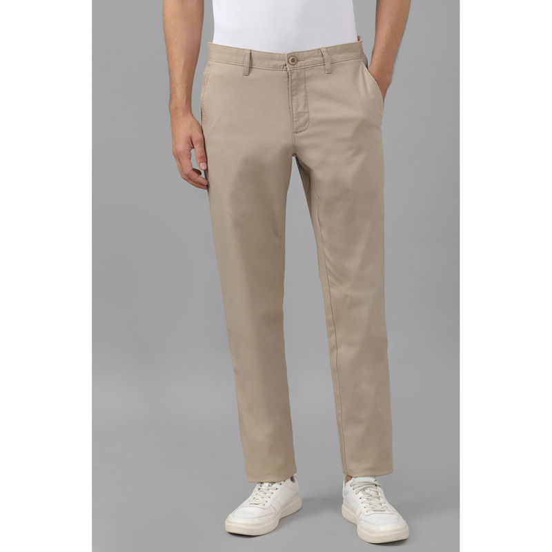 Louis Philippe Men Beige Slim Tapered Fit Solid Flat Front Casual Trousers (34)