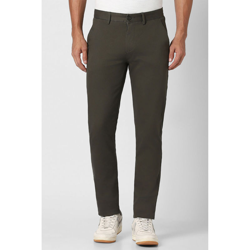 Peter England Men Olive Solid Super Slim Fit Casual Trousers (28)