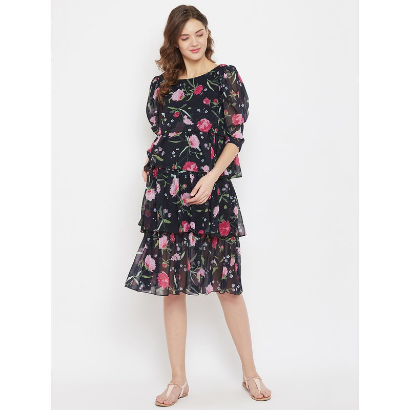 The Kaftan Company Floral Georgette Maternity Dress With Layers And Puff Sleeves - Black (L)