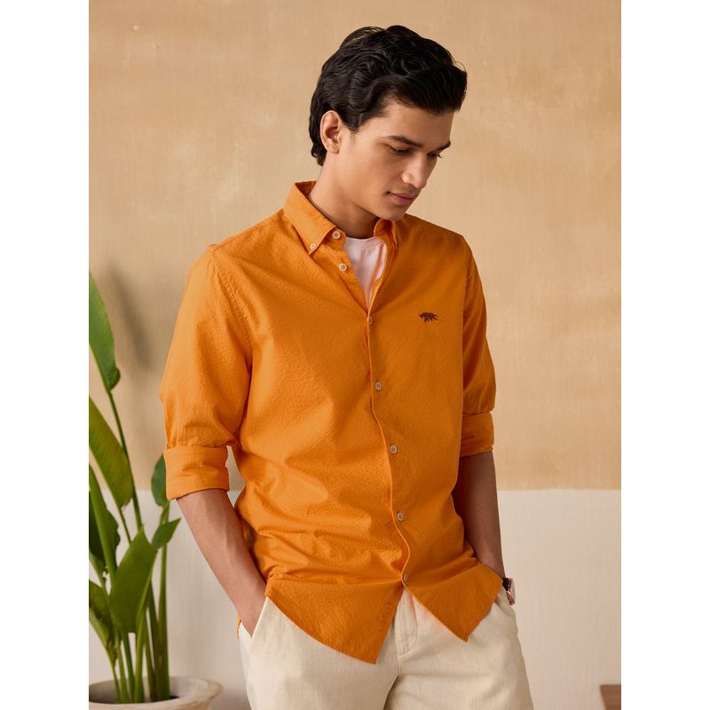 Andamen Regular Fit Men Orange Solid Cotton Seersucker Shirt (L)