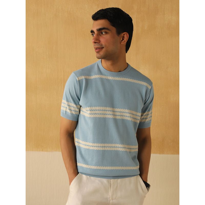 Andamen Regular Fit Men Blue Melange Cotton Structure Crew Neck T-Shirt (L)