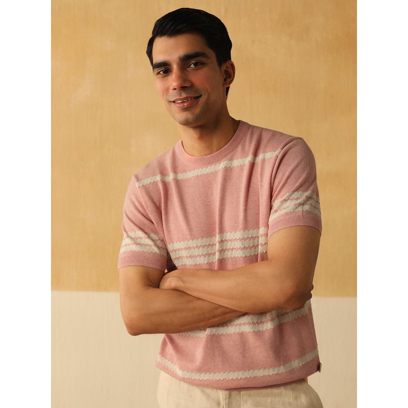 Andamen Regular Fit Men Pink Melange Cotton Structure Crew Neck T-Shirt (M)