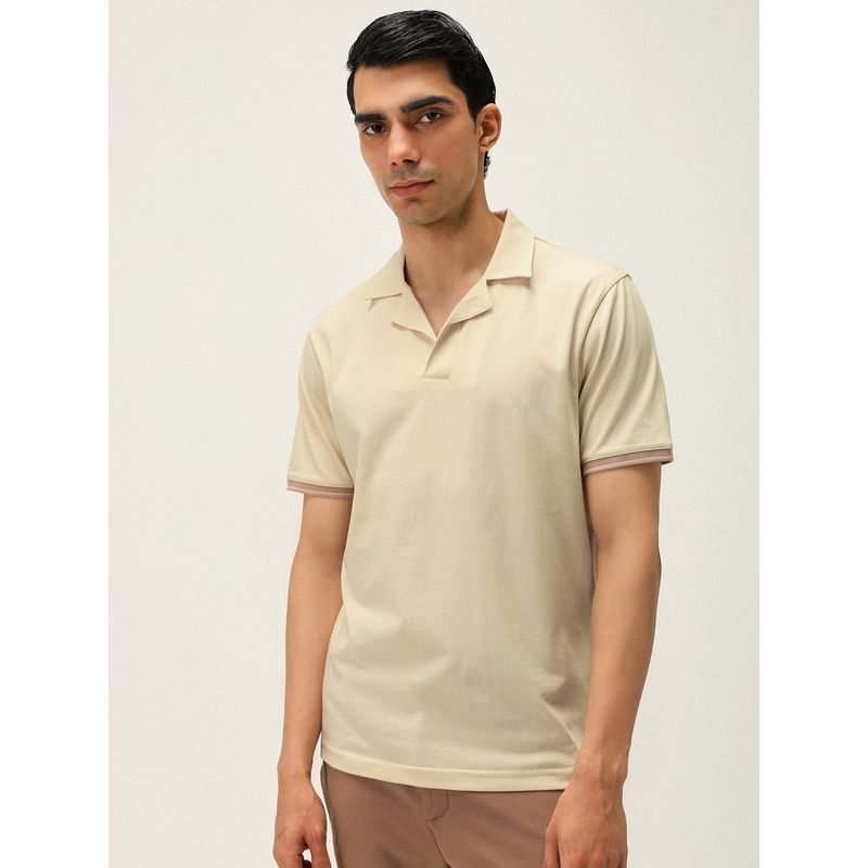 Andamen Regular Fit Men Cream Solid Cotton Single Jersey Resort Collar Polo T-Shirt (S)