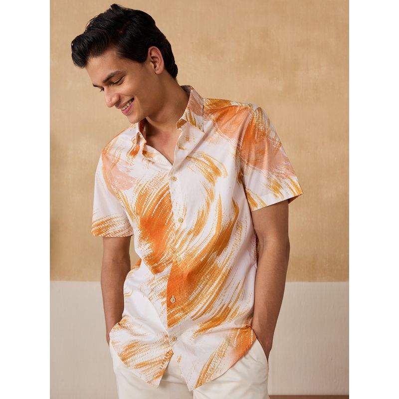 Andamen Men Orange Print Cotton Twill Slim Half Sleeve Shirt (M)