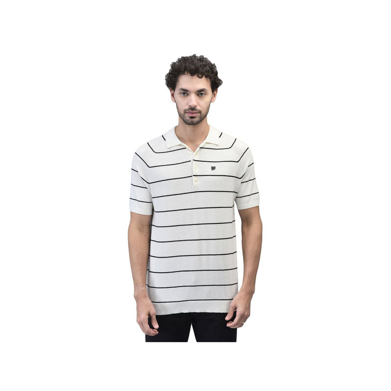 WOODS Men White Stripes Polo T-Shirt (L)