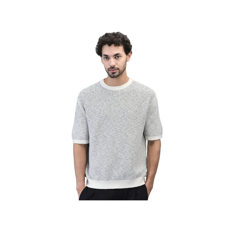 WOODS Men White Stripes Crew Neck T-Shirt (L)