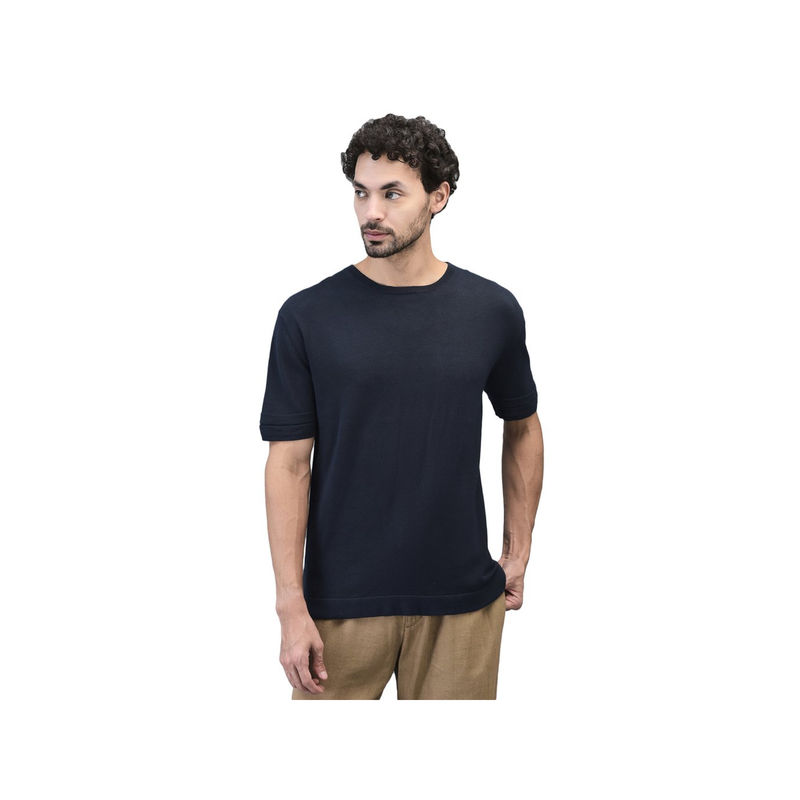 WOODS Men Black Solid Crew Neck (L)