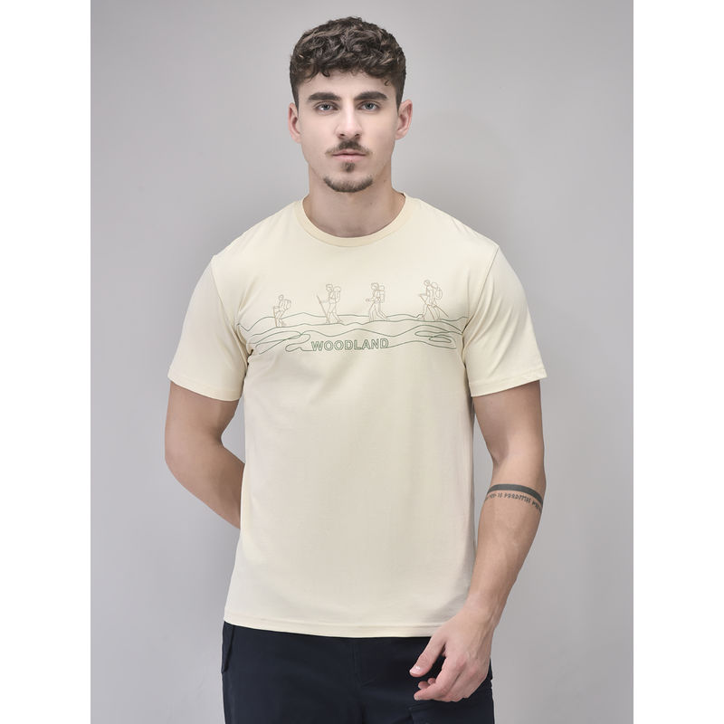 WOODS Men Cream Printed Crew Neck T-Shirt (L)
