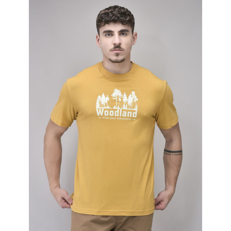 WOODLAND Men Mustard Printed Crew Neck T-Shirt (S)