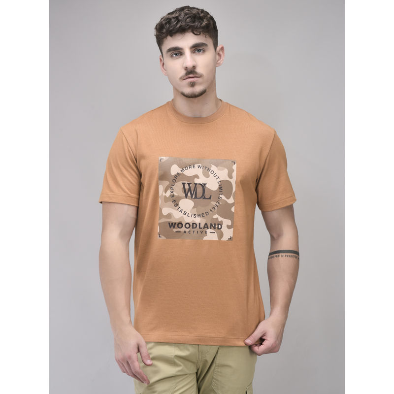 WOODLAND Men Orange Printed Crew Neck T-Shirt (L)