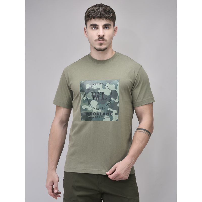 WOODLAND Men Olive Printed Crew Neck T-Shirt (L)