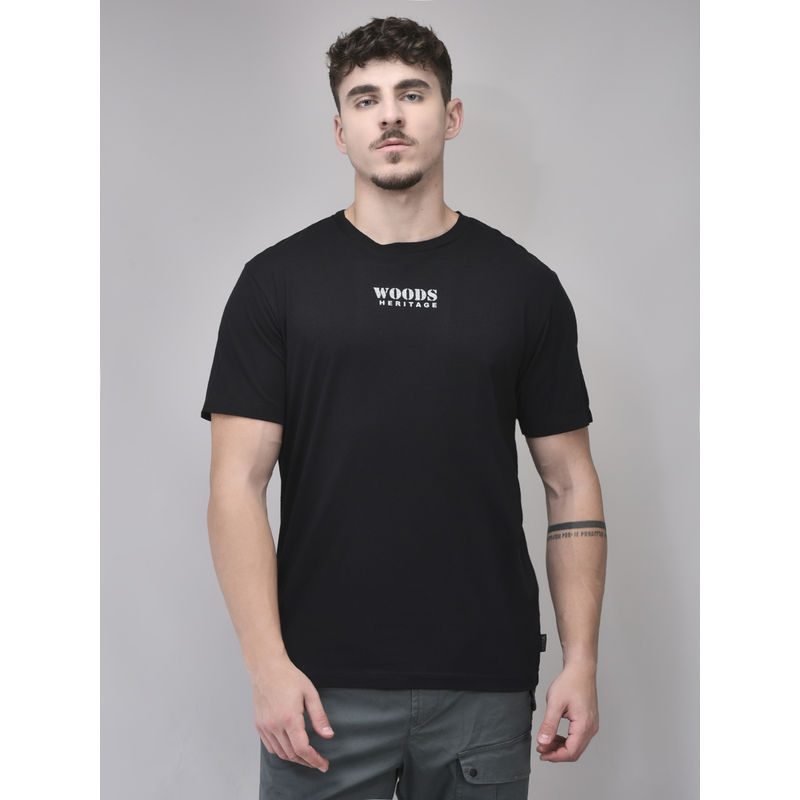 WOODS Men Black Crew Neck Solid T-Shirt (L)