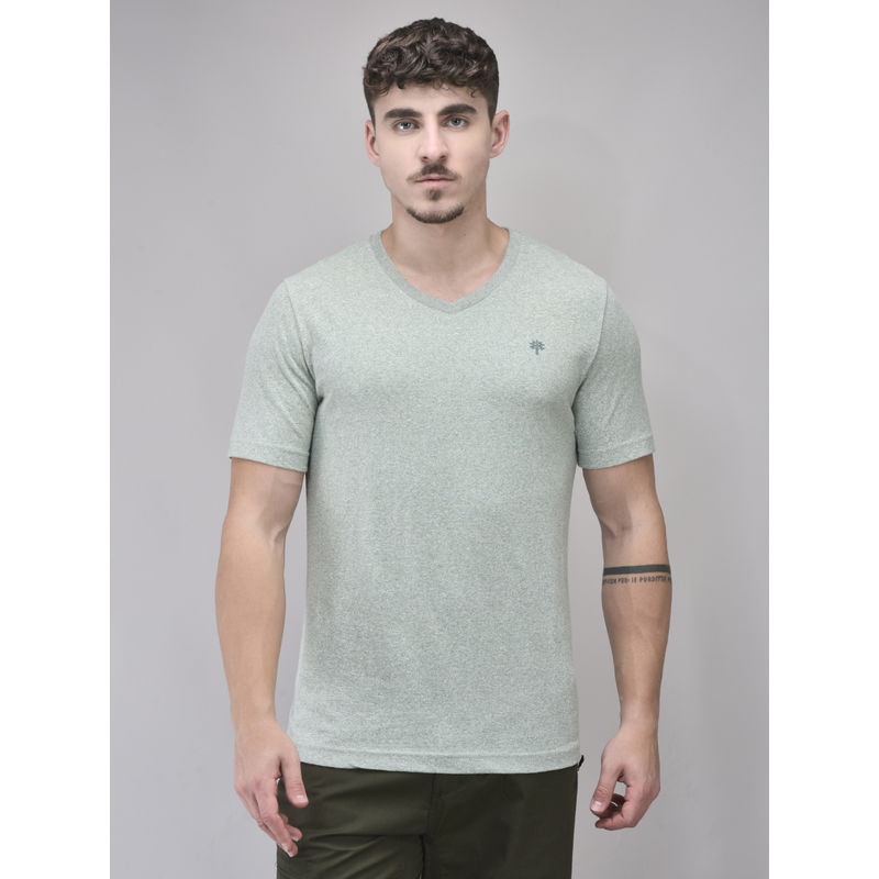 WOODLAND Men Green Solid V-Neck T-Shirt (L)