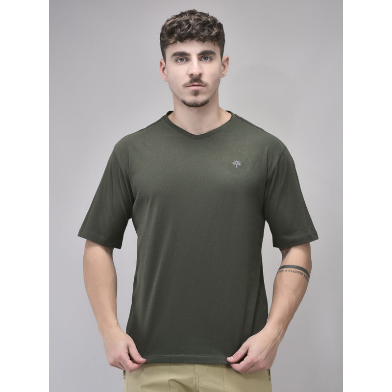 WOODLAND Men Olive Solid V-Neck T-Shirt (M)