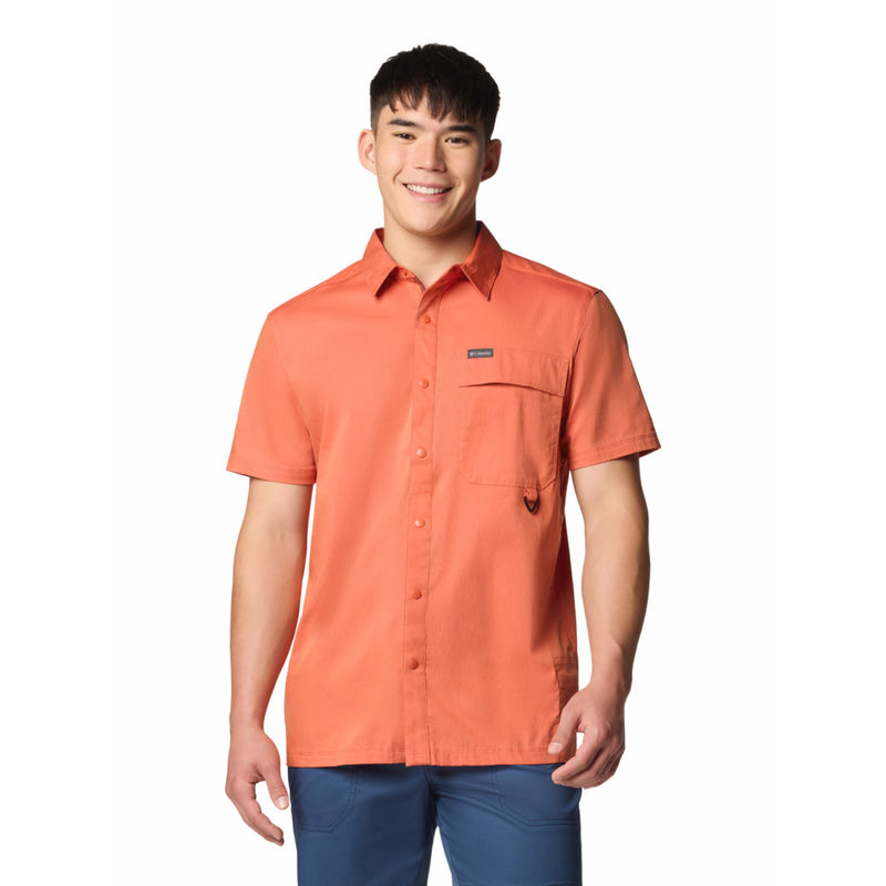 Columbia Mens Orange Solid Twill Short Sleeves Shirt (S)