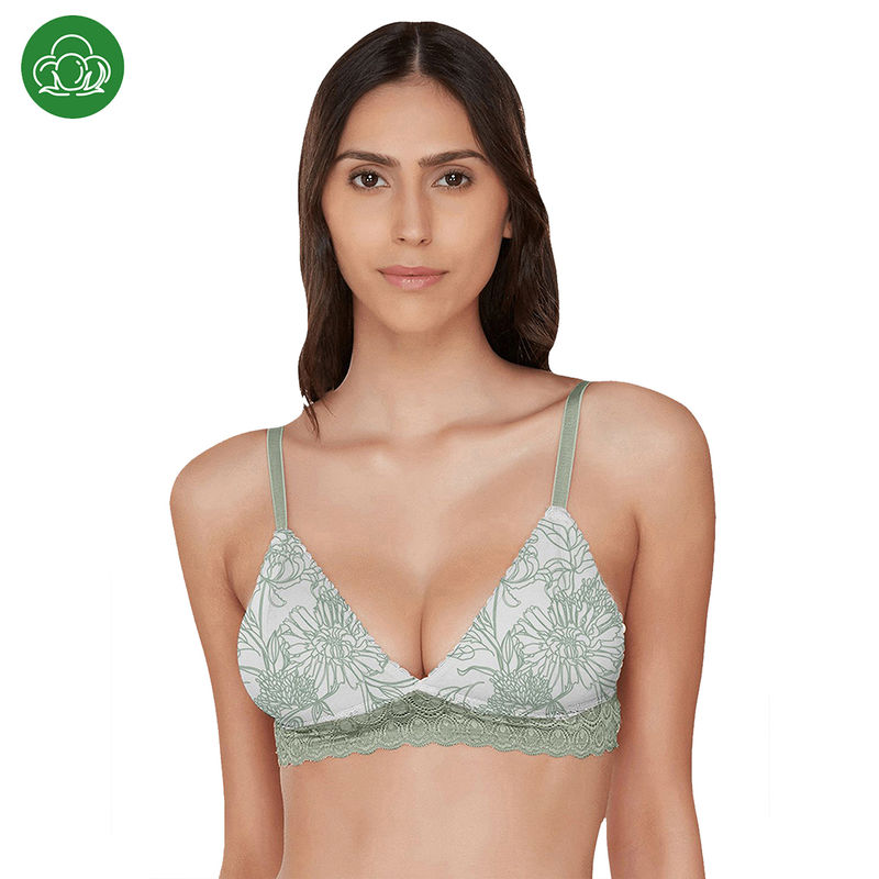 Inner Sense Organic Cotton Antimicrobial Non-wired Triangular Lace Band Bralette-Green (36C)