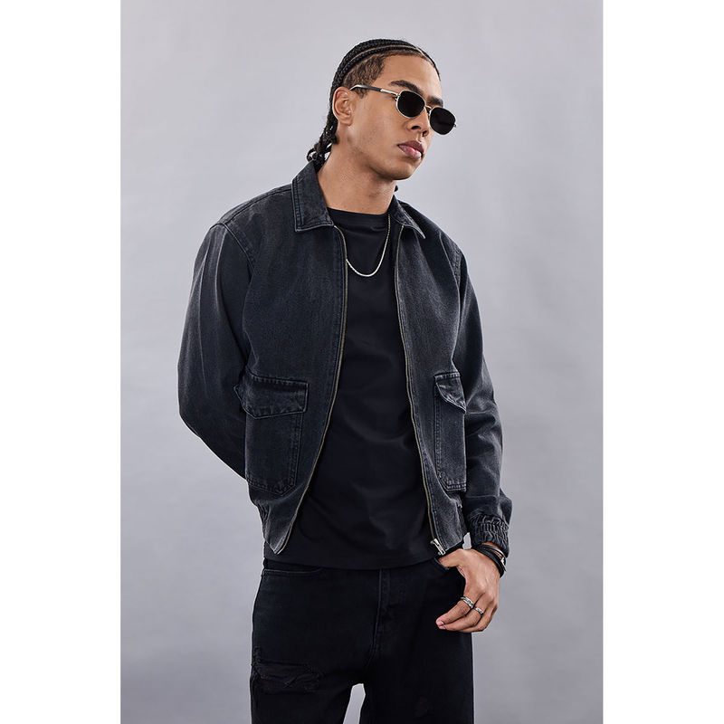 Snitch Revolution Charcoal Grey Zipper Denim Jacket (L)