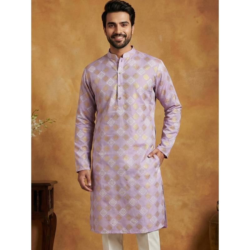 Jompers Lavender Men Cotton Blend Foil Print Kurta (L)