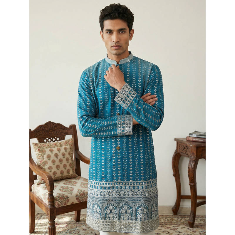 Jompers Blue Men Designer Embroidery Silk Blend Kurta (2XL)