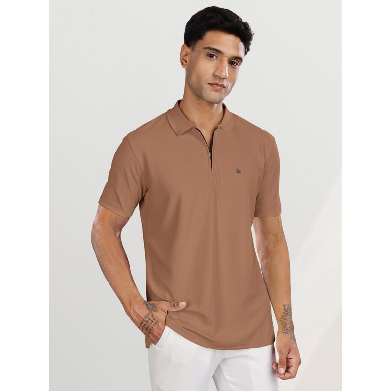 BULLMER Men Brown Polyester Solid Regular Fit Polo T-Shirt (L)