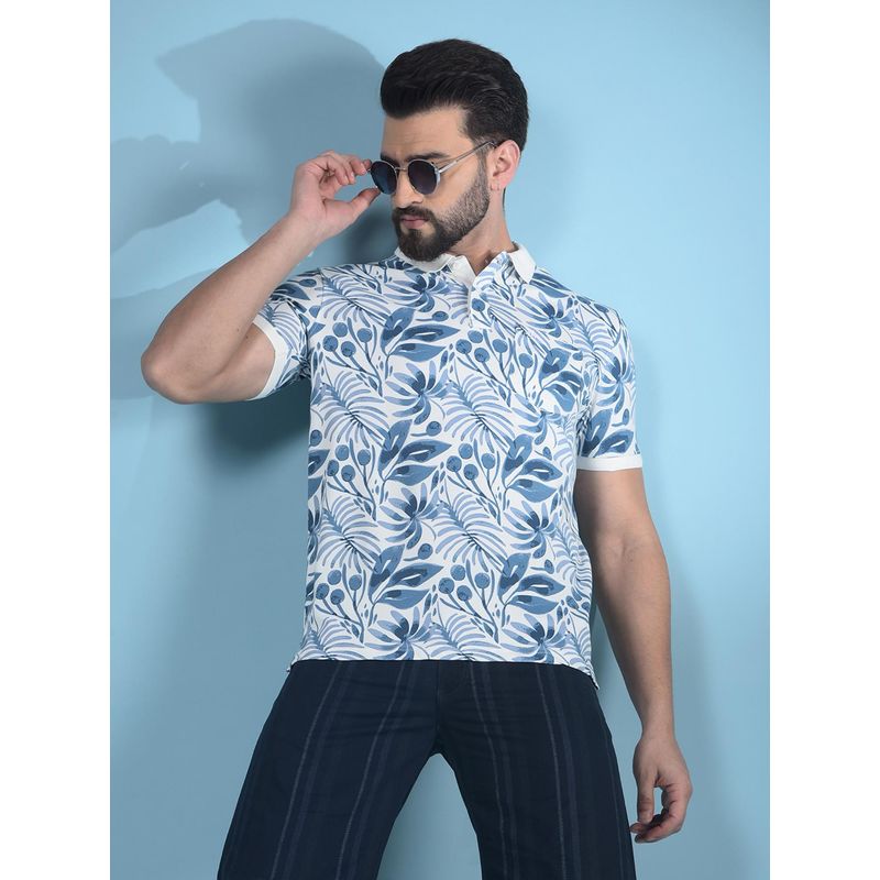 CRIMSOUNE CLUB Men Blue Cotton Blend Floral Regular Fit Polo T-Shirt (S)