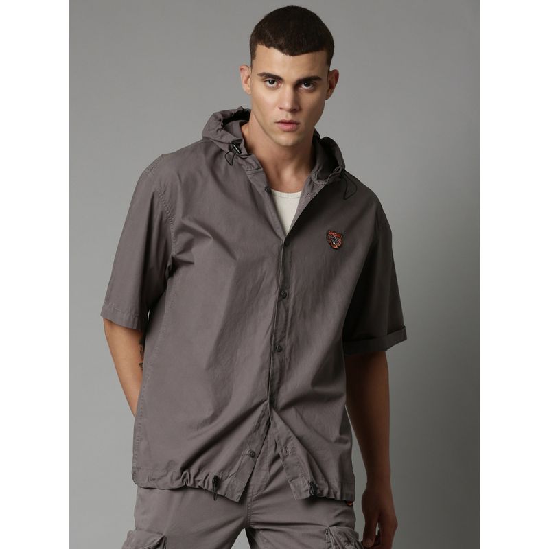 BREAKBOUNCE Grey Taika Short Sleeve Oversized Hooded Shirt (M)
