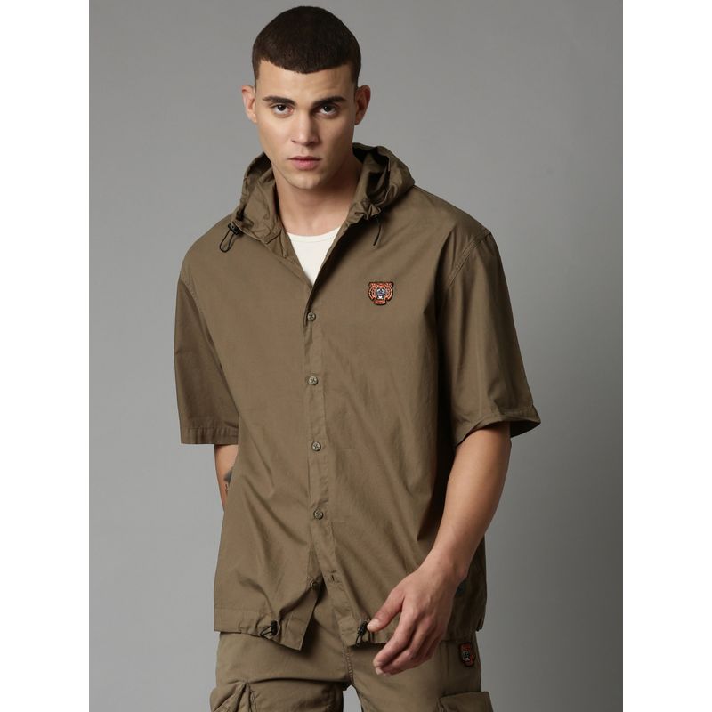 BREAKBOUNCE Olive Taika Short Sleeve Oversized Hooded Shirt (2XL)