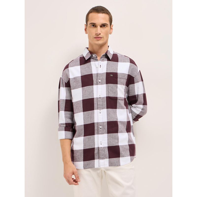 THE BEAR HOUSE Mens Maroon Relaxed Fit Buffalo Check Cotton Flannel Shirt (S)
