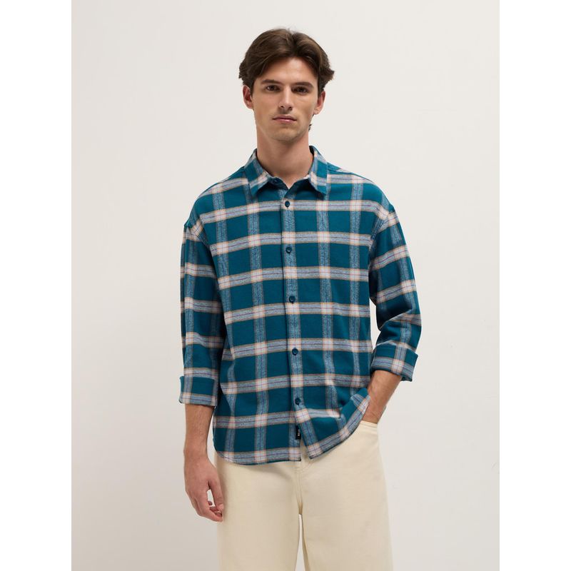 THE BEAR HOUSE Mens Teal Relaxed Fit Glen Check Cotton Flannel Shirt (S)