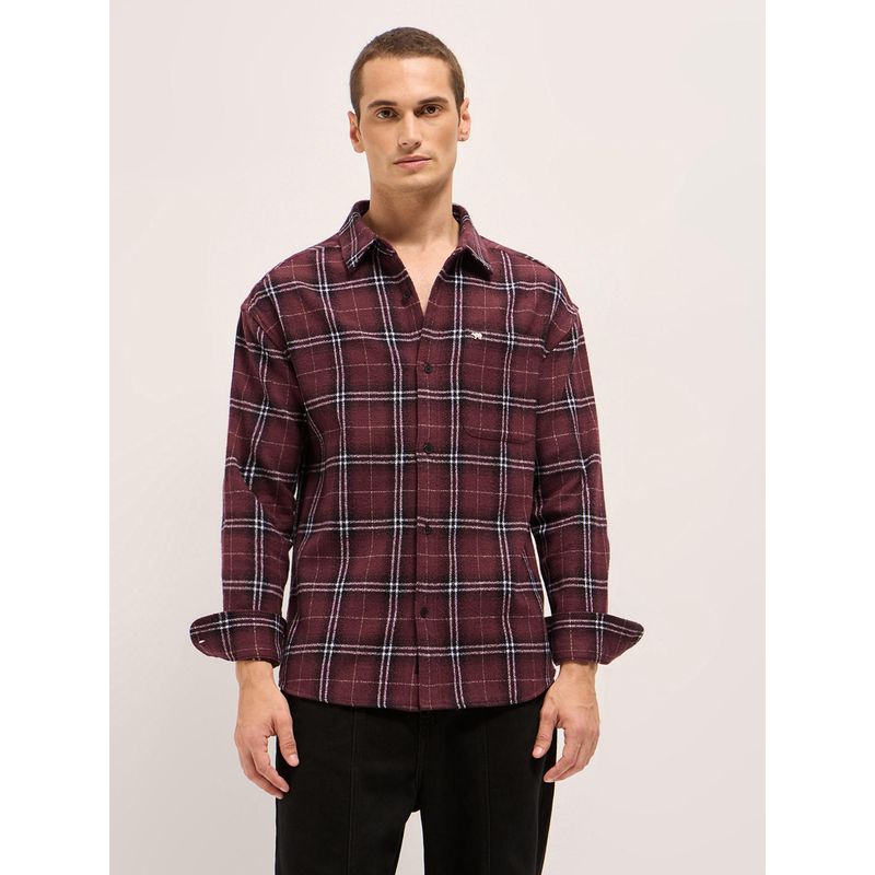 THE BEAR HOUSE Mens Maroon Relaxed Fit Window Panel Check Flannel Shirt (S)