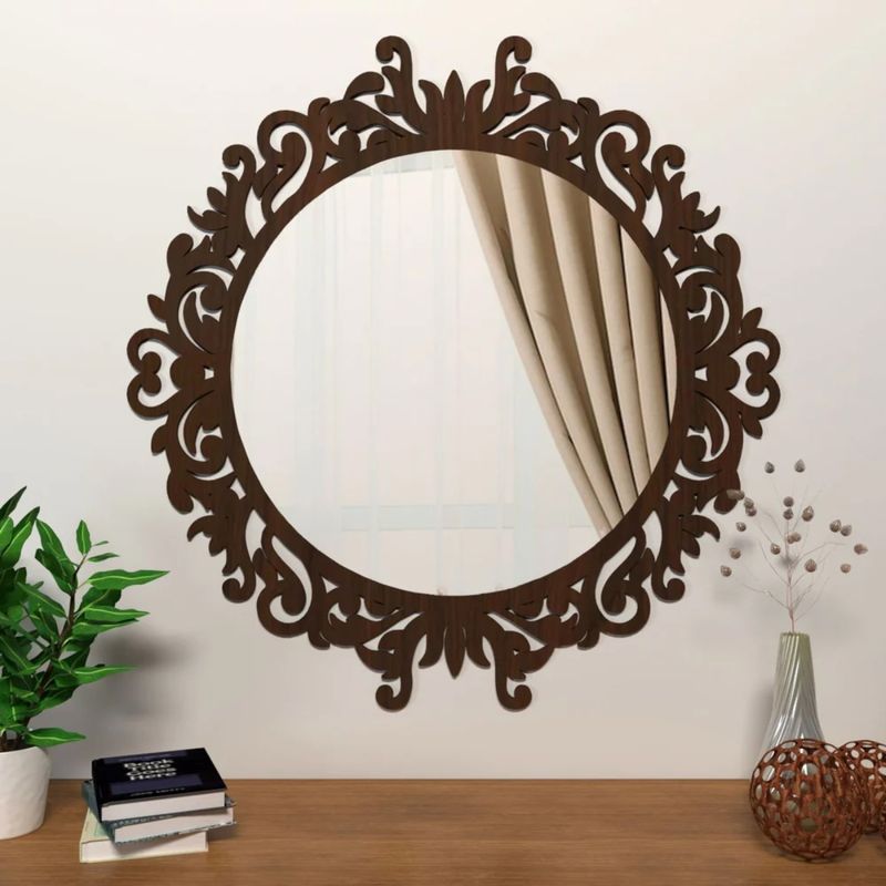 Buy WallMantra Motif Design Round Shape Mirror with Wood Frame Online