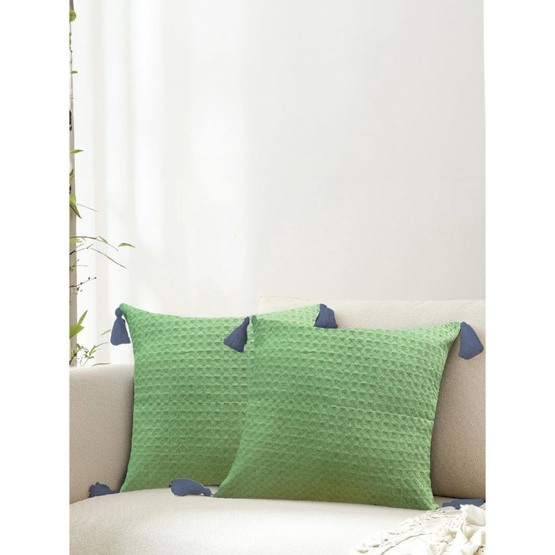Urban Space Cotton Cushion Covers- Waffle Sage Green (Set Of 2) (18 X 18 Inches)