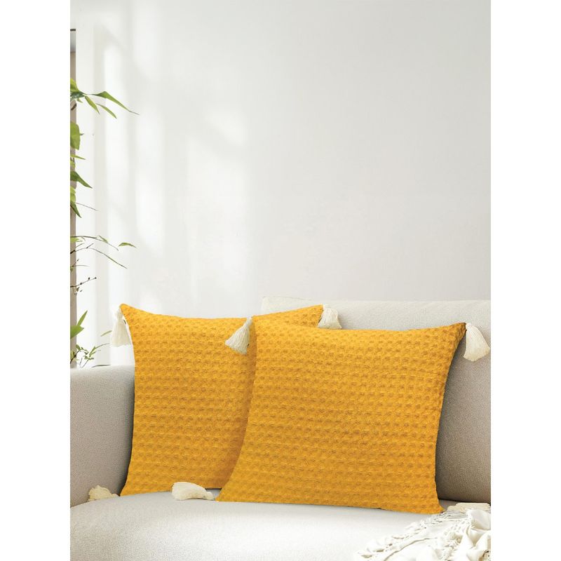 Urban Space Cotton Cushion Covers- Waffle Mustard (Set Of 2) (16 X 16 Inches)